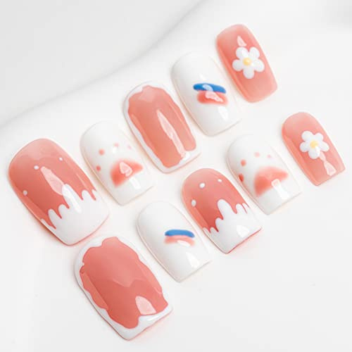 Sun&Beam Nails Handmade Press-on Short Square Pink White Japanese Cartoon Hand-Painted Design Fashion False Nail Tips 10 Pcs Set (#026 XS)