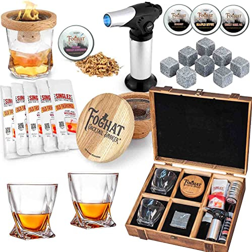 Foghat Cocktail Smoker Kit Gift Set - Includes Foghat Whiskey Smoker Kit with Torch, Wood Chips For Smoking, Butane Refill (60ml), 2 Rocks Bourbon Whiskey Glasses, 9 Whiskey Stones & Old Fashioned Mix