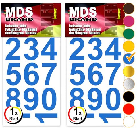 MDS Brand Design 4cm Zahlen Aufkleber | Selbstklebende Klebezahlen | Vinyl Hausnummern zum Aufkleben für Briefkasten, Mülltonnen Aufkleber, Buro Aufkleber, Zahlen für Außen & Innen Peel (Blau)