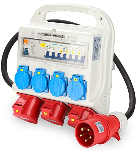 Sonnewelt Répartiteur mural avec disjoncteur FI et câble en caoutchouc lourd - Distributeur de courant de chantier 5 pôles avec 4 prises Schuko et prise CEE 16/32 A