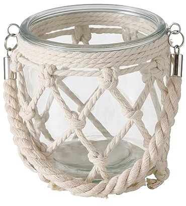 ReWu Windlicht im Boho Stil mit Makramee Verzierung aus Glas und Baumwolle H 14 cm Ø 14 cm Boho Deko Kerzenhalter