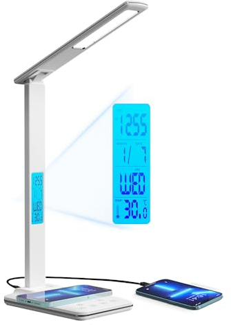 KISUFU Lampe de Bureau LED avec Chargeur sans Fil 10W, Port De Charge Usb Lampe De Bureau Pliable avec Réveil Température et Calendrier pour Chambre Livre,Deco Bureau.