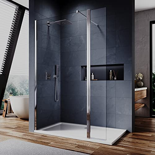 ELEGANT 760mm Walk in Shower Door Enclosure with 300mm Flipper Panel, 6mm Safety Tempered Shower Glass with Aluminium Support Bar