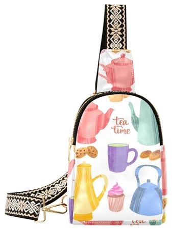 Kitchen Cups Tea Pot Crossbody Sling Bag for Women Men Leather Chest Bags Purse Adjustable Cross Body Daypack for Running Cycling Hiking, Kitchen Cups Tea Pot, One Size