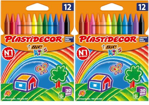 BIC Kids Plastidecor - Ceras para colorear, antimanchas para actividades creativas en casa y el colegio, Blíster de 12 Unidades (Paquete de 2), Colores surtidos, Clásico