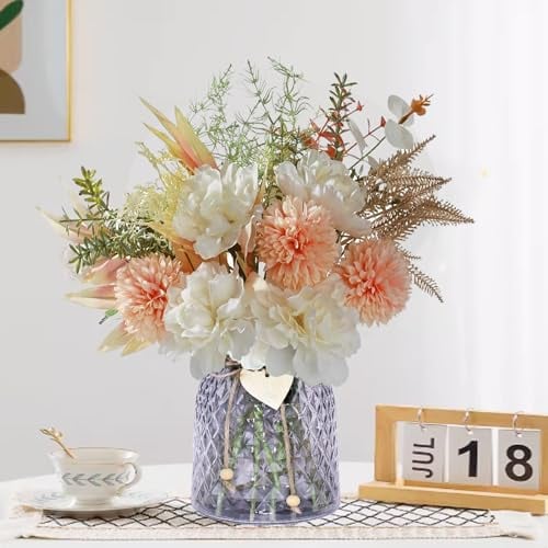 Fleur Artificielle - Rose Artificielle Fausse Fleur Deco Maison, Fleurs Artificielles Deco pour Decoration Salon et Deco Chambre - Vase en Verre Inclus