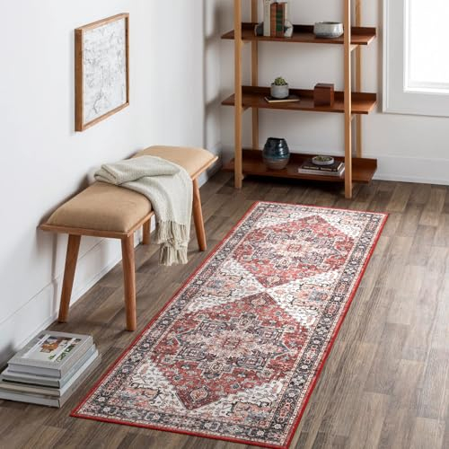 Carvapet Lavable Tapis de Passage 60x180cm Antidérapant Tapis de Couloir Long Fin Tapis de Sol Vintage Médaillon Rouge Tapis de Salon Chambre Cuisine