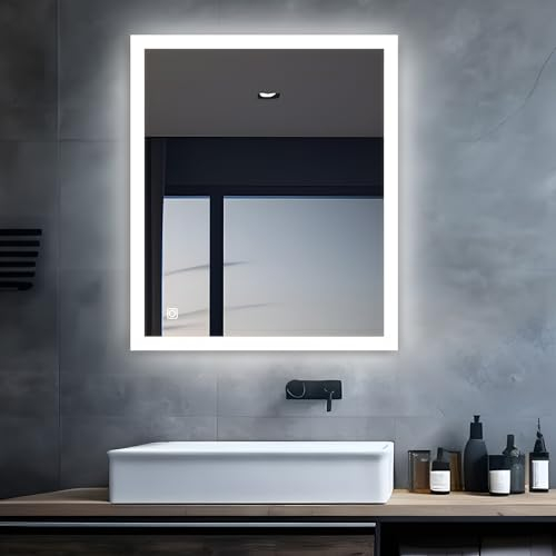 MIQU Espejo de baño LED con iluminación 60x50cm, espejo de baño grande con botón táctil/pared, blanco, 6500K, luz de pared para WC, pasillo, esquina