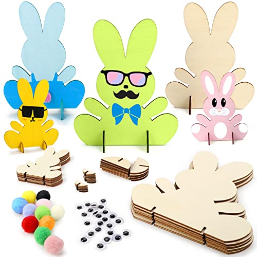 Rubessia Hasen aus Holz zum Bemalen, 10 Stück Ostern Basteln Kinder, DIY Osterhase Deko, Bastelset Kinder mit Bunte Mini Pompons und Kulleraugen, Bastelset Ostern, Osterbasteln für Kinder (A)