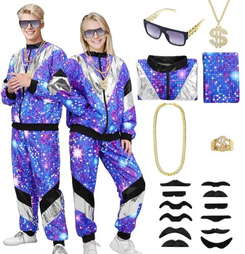 Antsparty 80s Shell Suit Costume for Men Women, 1980s Fancy Dress Costume Set with Accessories, 80s Tracksuit Retro Disco Outfit for 80s Party
