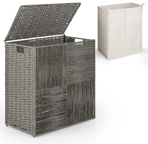 COSTWAY 110L Wäschekorb mit Deckel, Wäschesammler mit 2 Fächern, Wäschesortierer klapbbar mit Griff & abnehmbarem Innensack, Wäschebox für Badezimmer Waschküche