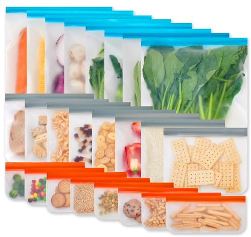 Leetltree Reusable Food Storage Bags Silicone, 24 Pack Dishwasher Freezer Safe PEVA Bags, Leak Proof & Airtight Reusable Freezer Bags for Food Storage and Home Organization