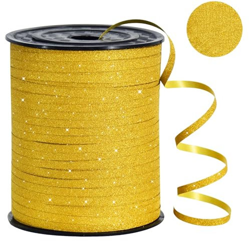 RIBBOOO 450 Meters Geschenkband GlitzerBand Golden 5mm Luftballons Band Geschenkverpackung für Weihnachtsdeko Ballonverschlüsse Geschenkverpackung Hochzeitsdeko (500 Yard Balloon Ribbon)
