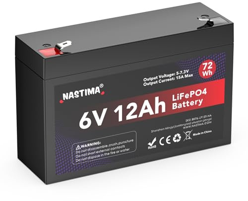 NASTIMA 6V 12Ah 72Wh LiFePO4 Rechargeable Battery With BMS Protection | 4000 Deep Cycle, Suitable for Emergency Power Lighting, Surveillance Camera, Children's Toy Cars, Motor Boats, Camping, Solar