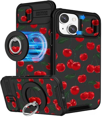 VincitoreModa for iPhone 15 Plus Case Women - [2in1] Cute Girls Cherry Compatible with MagSafe Ring Stand Girly Slide Camera Cover Fashion Unique Design for Apple for iPhone 15 Plus Phone Case 6.7