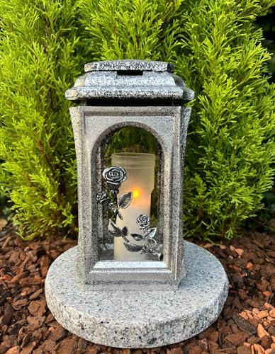 Grablampe Grablicht Laterne Kerze Grablaterne in Silber Mit Rose - NEU! Grabkerze Grabdekoration 27 cm H. Grabschmuck Neues Modell Ohne Sockel
