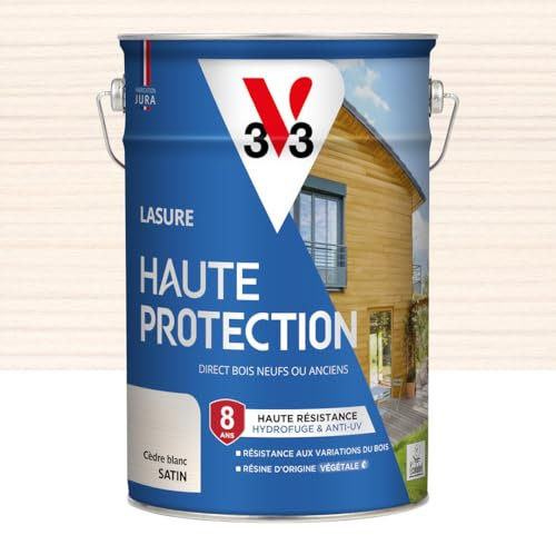 V33 Holzlasur für den Außenbereich, Zedernholz, weiß, satiniert, hoher Schutz, 8 Jahre, hohe Beständigkeit gegen Wasserabweisend und UV-Schutz, beständig gegen Holzschwankungen, Umwelt, pflanzliches