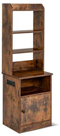 Multigot Bedside Table with Charging Station, 140cm Tall Wooden Nightstand Storage Unit with Cabinet and Adjustable Shelves, Modern Sofa Side End Table for Bedroom Living Room (Rustic Brown)