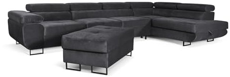 Aller Lang XL Modernes Design Ecksofa mit Schlaffunktion, Bettkasten in Ottomane, Hocker mit Stauraum – Tierfreundlicher Waterproof-Welvet, inkl. 2 runde Kissen, Ottomane rechts. (Dunkelgrau)