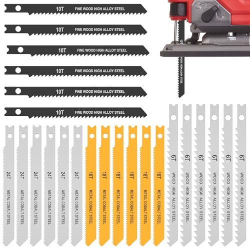 24Piece Assorted U Shank Jigsaw Blade Set 24T 18T 10T 6T, Made with HCS, Fast Cut Jig Saw Blade for Wood Plastic and Metal Cutting, Fit Most U Shape Shank Jigsaws(24pcs)