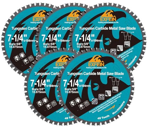 184mm 48T Kreissägeblatt Metall 5 Stück - EXFEIN Wolframkarbid-Trennscheibe Bohrung 15.875mm für Metallblech oder Rohr, Winkeleisen, Nichteisenmetalle