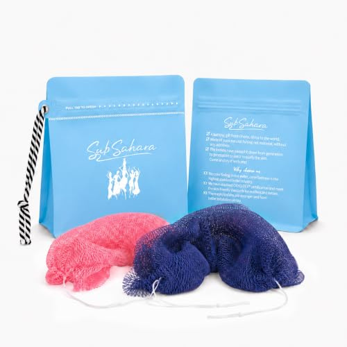 SubSahara African Exfoliating Net Sponge Authentic - 2 Pieces Scrubber for All Skin Types, Ideal for Face & Body Daily Use, Durable, Travel Portable (Blue & Pink)