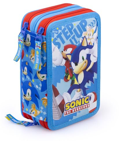 Creativolution Astuccio scuola 3 zip Sonic The Hedgehog 3 Zip con 44 articoli (blu chiaro/rosso), 20×15×6 cm - Prodotto ufficiale SEGA