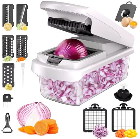 Coupe Legumes Multifonctions- Mandoline Cuisine- Decoupe Legumes 15-en-1 avec 7 Lames interchangeables- Mandoline Multifonctions - Coupe Legumes - Nouveau design Compact Blanc pour Oignons Concombre