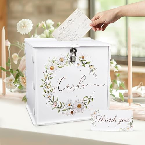 Dhqkqg White Wedding Card Box with Lock, 26x26x21cm Wedding Post Box for Reception, Daisy DIY Money Envelope Gift Card Boxes, Wedd-ing Decorations for Party Graduation Baby Shower Birthday Decor