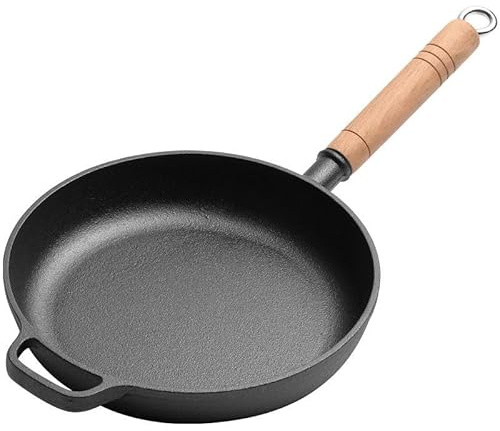 Jinfanshurich Poêle en fonte avec poignée en bois amovible, poêle en fonte sans revêtement, poêle en fonte pour tous les types de cuisinières, 23-29 cm, poêle ronde en fer (25 cm)