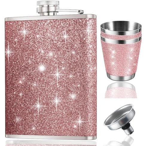 ElevaPulse 1 x 304 Pink Hip Flask 240 ml with Funnel and 2 Small Cups, Leak-Proof Hip Flask Stainless Steel for Men and Women for Whiskey & Rum & Vodka