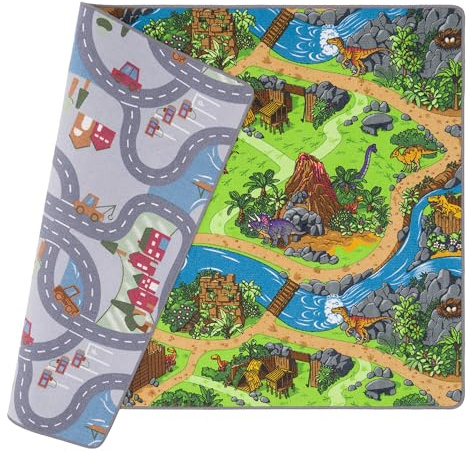 Pergamon Kinder Straßenteppich Beidseitig Fun Town & Dinowelt - Spielteppich für Kinderzimmer, mit Straßenmotiven und Dinosauriern, Fördert Kreativität und Fantasie