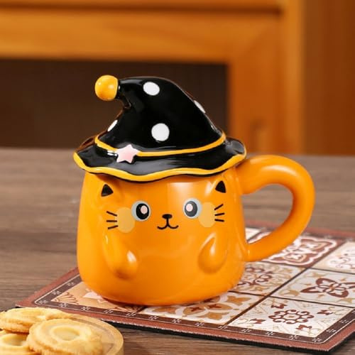 VollfitYYu Niedliche Katze Kaffeetasse lustige Katzentasse mit Weihnachtsmütze Deckel Porzellanbecher Geschenk für Frau Mädchen Oma Freundin Geburtstag Weihnachten Valentinstag (Orange)