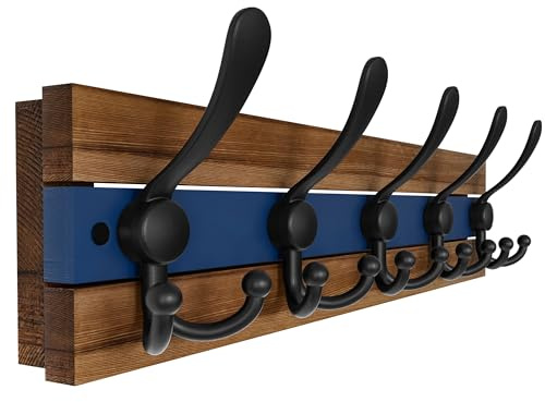 SKOLOO Rustic Wall Mounted Coat Rack - 16-7/8 Long Coat Hooks for Wall with 5 Triple Hooks for Hanging Coats, Hats or Tools, Western National Parks Collection, Wood Brown & Blue