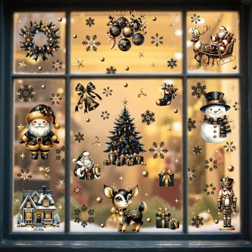 VIKY® Fensterbilder Weihnachten Selbstklebend, 9 Blätte Goldene Motive Wiederverwendbar & Doppelseitig - Weihnachtsdeko für Fenster, Fenstersticker für Zuhause, Büro & Schule als Winter Deko