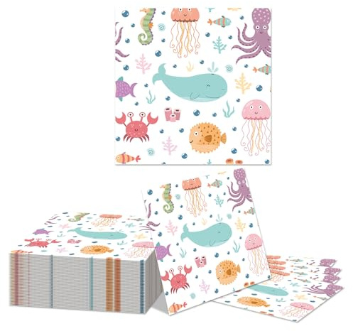 Kotkiddy 40 Stueck Ozean Tier Servietten 2 Lagig Einweg Meeres Servietten Fuer Dinner Hochzeit Braut Sommer Strand Unter Dem Meer Baby Shower Party Zubehoer 33x33 cm