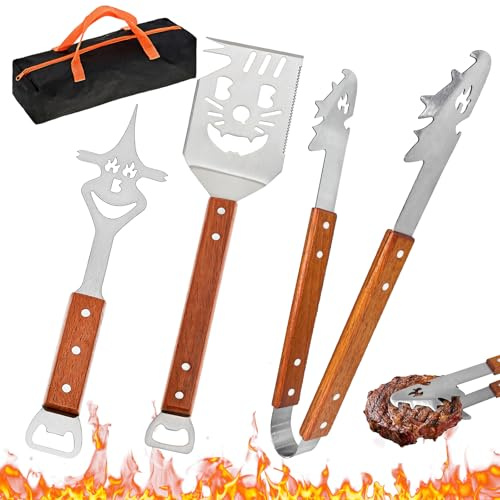 Vivipayo Grillbesteck Set 3-TLG, 8 in 1 BBQ Grillspachtel mit Holzgriff, EdelstahI, 42 * 9.5cm Einzigartige Grillwerkzeuge, Multifunktionales Grill Zubehör, Professional Grill Geschenke für männer