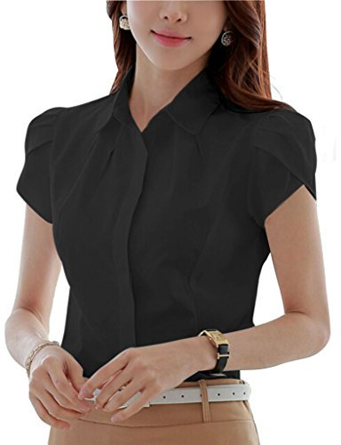 Women's Cotton Basic Button Down Shirt Short Sleeve Pleated Blouse Black UK 10
