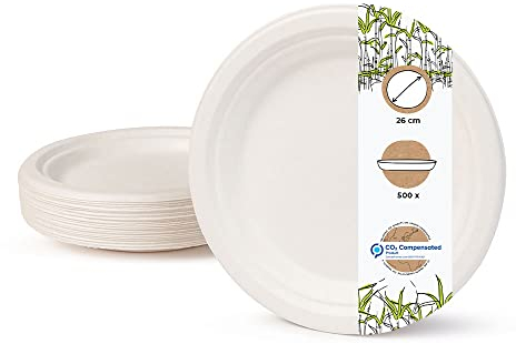 BIOZOYG Vajilla ecológica de bagazo desechable I 500 piezas Platos de caña de azúcar blanca Redondo blanqueada 26 cm I Vajilla Desechable Bio plato de comer plato de fiesta