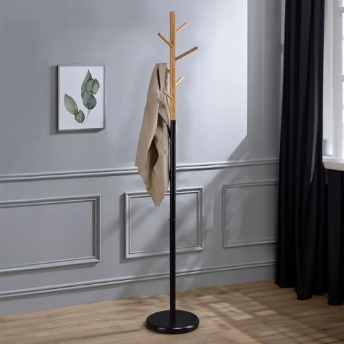IDIMEX Porte-Manteaux Enrico Portant à vêtements sur Pied en Forme d'arbre avec 6 Crochets sur différentes hauteurs, Bicolore en métal laqué Noir et Bois