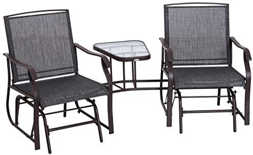Outsunny Outdoor Double Glider Rocking Chairs with Glass Top Middle Table, Metal Gliding Love Seat Conversation Furniture with Breathable Mesh Fabric Seat, for Garden, Patio, Grey