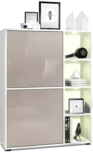 Vladon Highboard Schrank Anrichte Cuba mit 8 Fächern, Made in Germany, Korpus in Weiß matt/Fronten in Sandgrau Hochglanz, mit RGB LED Beleuchtung