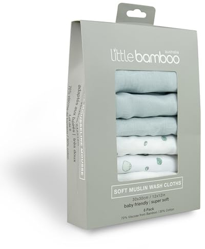 Little Bamboo Muslin Baby Wash Cloths 6 Pack, 30 x 30 cm, Whisper Grey,