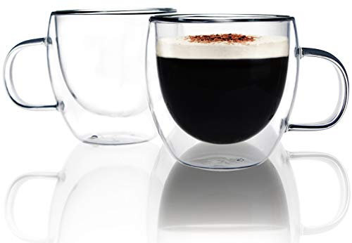 Espresso cups, Set of 2 Kitchenexus 5oz Glass Double Wall Thermo Insulated Espresso Shot Cups Mugs with Handle
