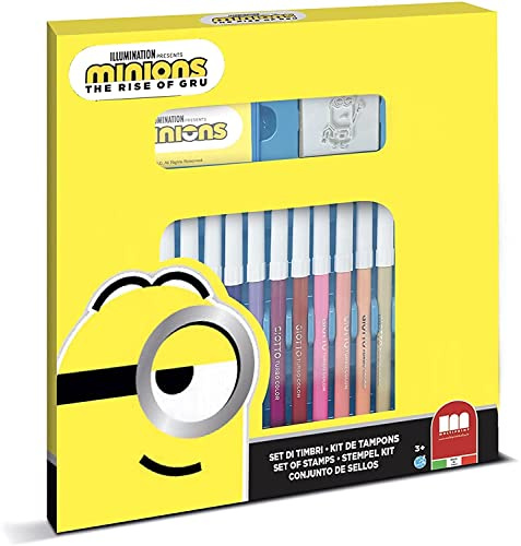 Multiprint Set 2 Stempel für Kinder und 18 Farbige Markierungen Minions 2, Made in Italy, Stempelset Kinder, in Holz und Naturkautschuk, Ungiftige Waschbare Tinte, Geschenkidee, Art.86896