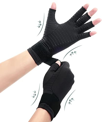 Copper Compression Arthritis Gloves with Strap, Best Copper Infused Glove for Women and Men, Fingerless Glove Hand Wrist Support for Carpal Tunnel, Arthritis, RSI, Tendonitis, 1 Pair, Black (M)
