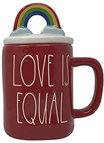 Rae Dunn Coffee Mugs with Decorative ceramic Lids (Love is Equal/Red Rainbow)