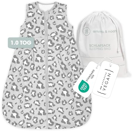 emma & noah Baby Schlafsack 1.0 TOG, Ganzjahres Schlafsack für den Frühling, Sommer und Herbst, 100% Bio-Baumwolle, OEKO-TEX Zertifiziert, Strampelsack für Neugeborene (Leo Grau, 90 cm)