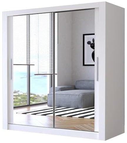 IE INTERIOR EMPORIUM Milan Full Mirror Double Sliding Door Wardrobe (or three in the 250cm size) With Shelves, Hanging Rails and LED Light in 6 Sizes & 4 Colors (203cm, White)