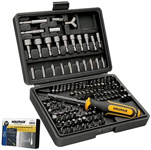 WOLFPACK LINEA PROFESIONAL Bit-Set mit Schraubendreher 1/4' 122-teilig mit Hebel, Chrom-Vanadium, Ratschen-Set,